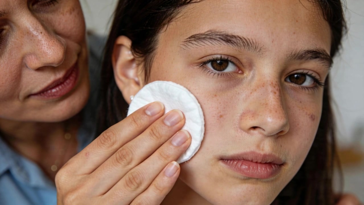 Leaning mother blue shirt cleaning teen girl's right cheek at home, removing acne with cotton pad