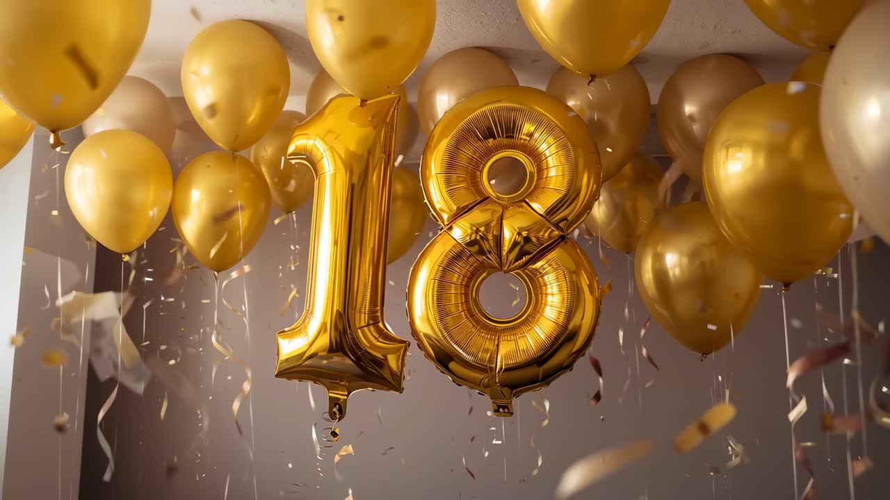 Confetti dropping and streamers drifting in party room, gold foil 18 balloons remaining centered