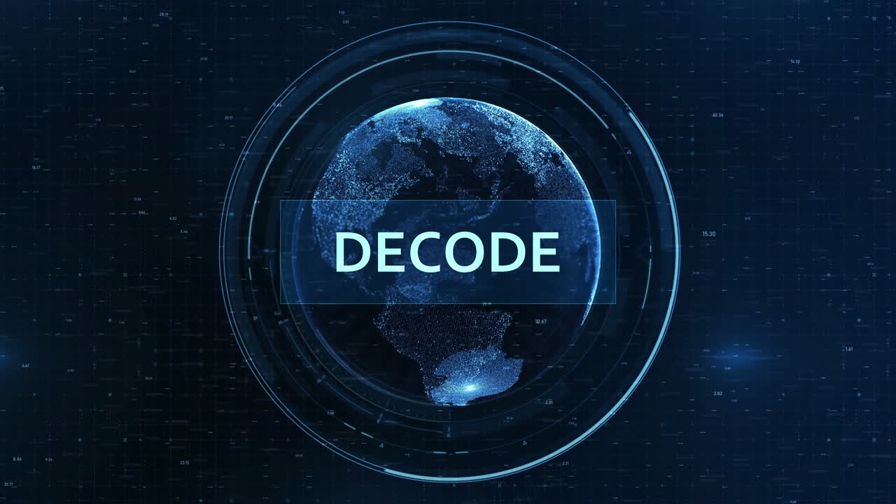 Animated Decode Text Over Digital World Map Cyber Tech HUD Reveal