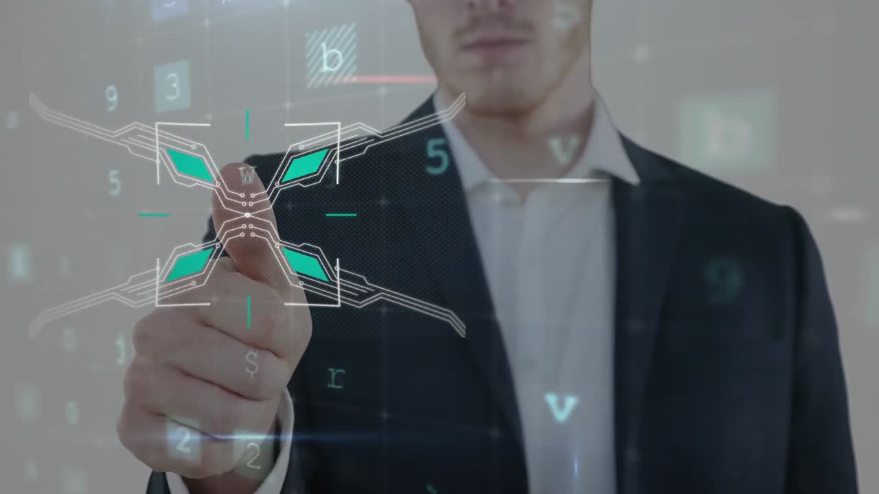 animación de un hombre caucásico usando su pulgar para tocar una pantalla interactiva virtual