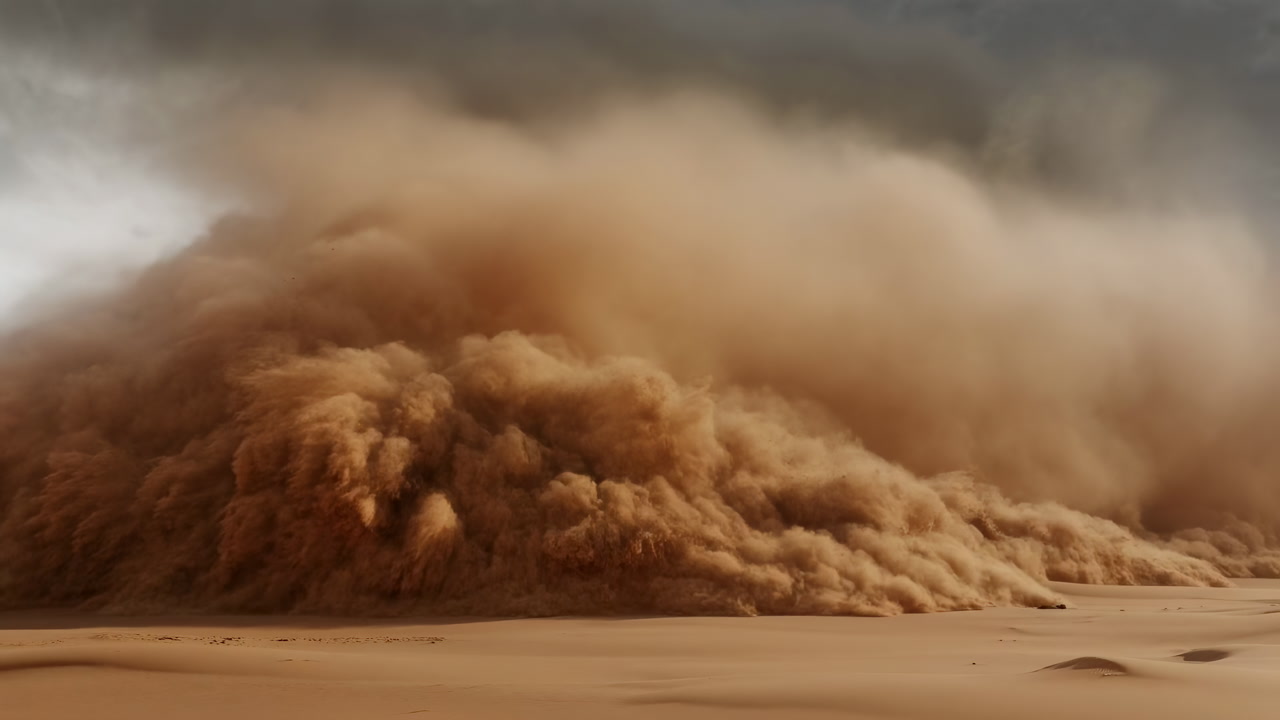 Towering Dust Cloud Engulfs Open Desert Roaring Wind Driven Wall Of Sand Ochre Plume Low Gray Sky Ground