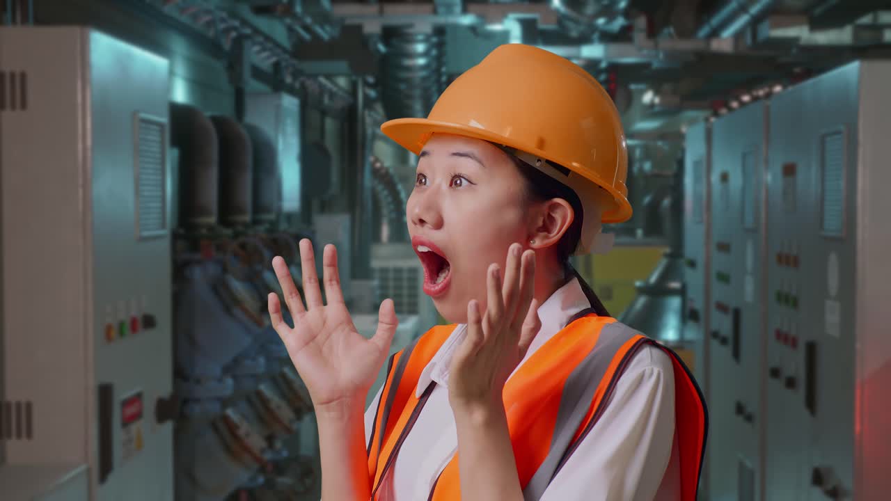 Surprised Woman Engineer in Factory