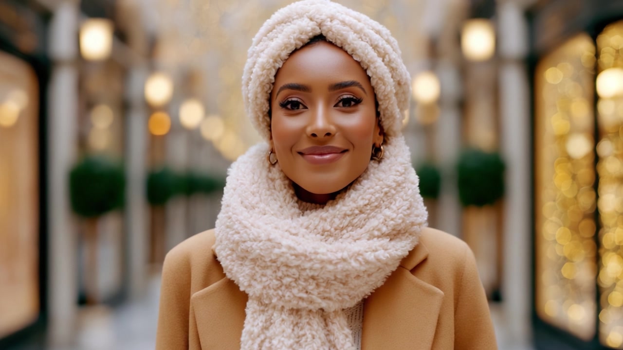 Una donna sicura di sé irradia calore e gioia indossando una sciarpa accogliente e un elegante foulard, catturando perfettamente l'essenza della moda invernale e dei momenti gioiosi in un ambiente festivo