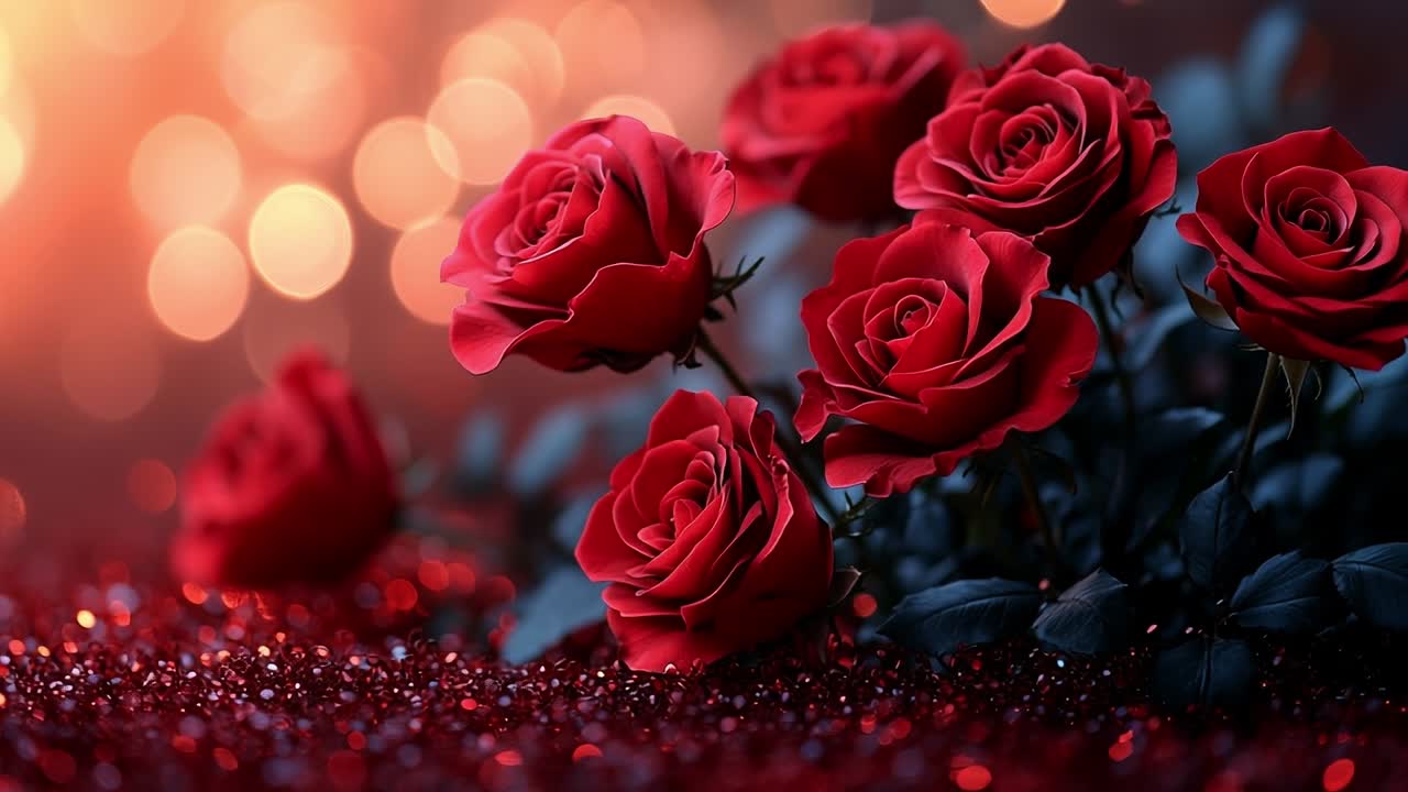 Red roses on a sparkly backdrop. Red roses arranged elegantly against a shimmering backdrop create a romantic atmosphere, perfect for special occasions.