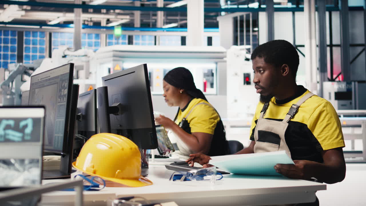 Vertical Video African american supervisor finetunes energy control systems on office PC
