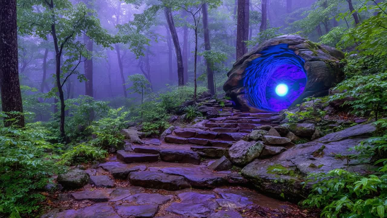 Portal enigmático em floresta nebulosa: uma vista cativante da luz colorida que emana de uma formação rochosa única, cercada por vegetação exuberante e natureza tranquila