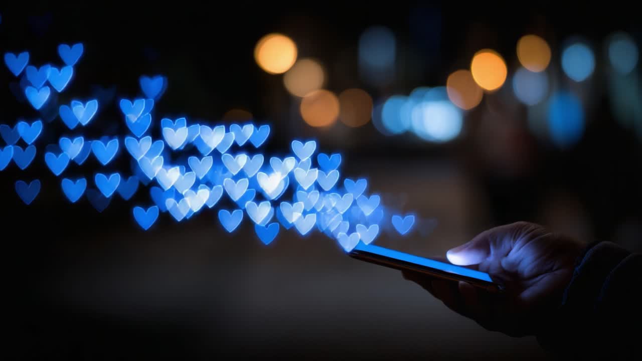 Capturing the Essence of Connection: A Hand Holding a Smartphone Surrounded by Floating Heart Shapes Illuminating the Night with Warmth and Emotion