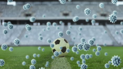 스포츠 경기장에서 축구공을 상대로 코로나19 세포