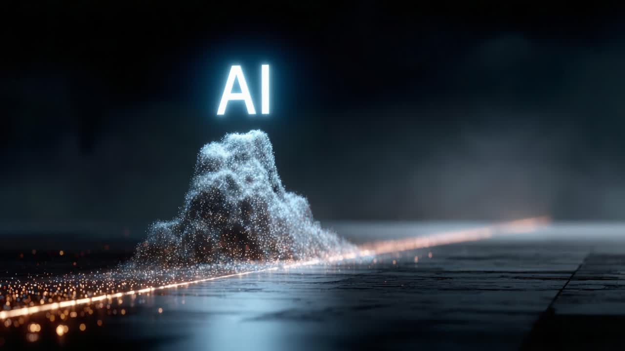 A captivating depiction of artificial intelligence, represented as a glowing 'AI' emerging from a dynamic particle formation, highlighting the fusion of technology and innovation