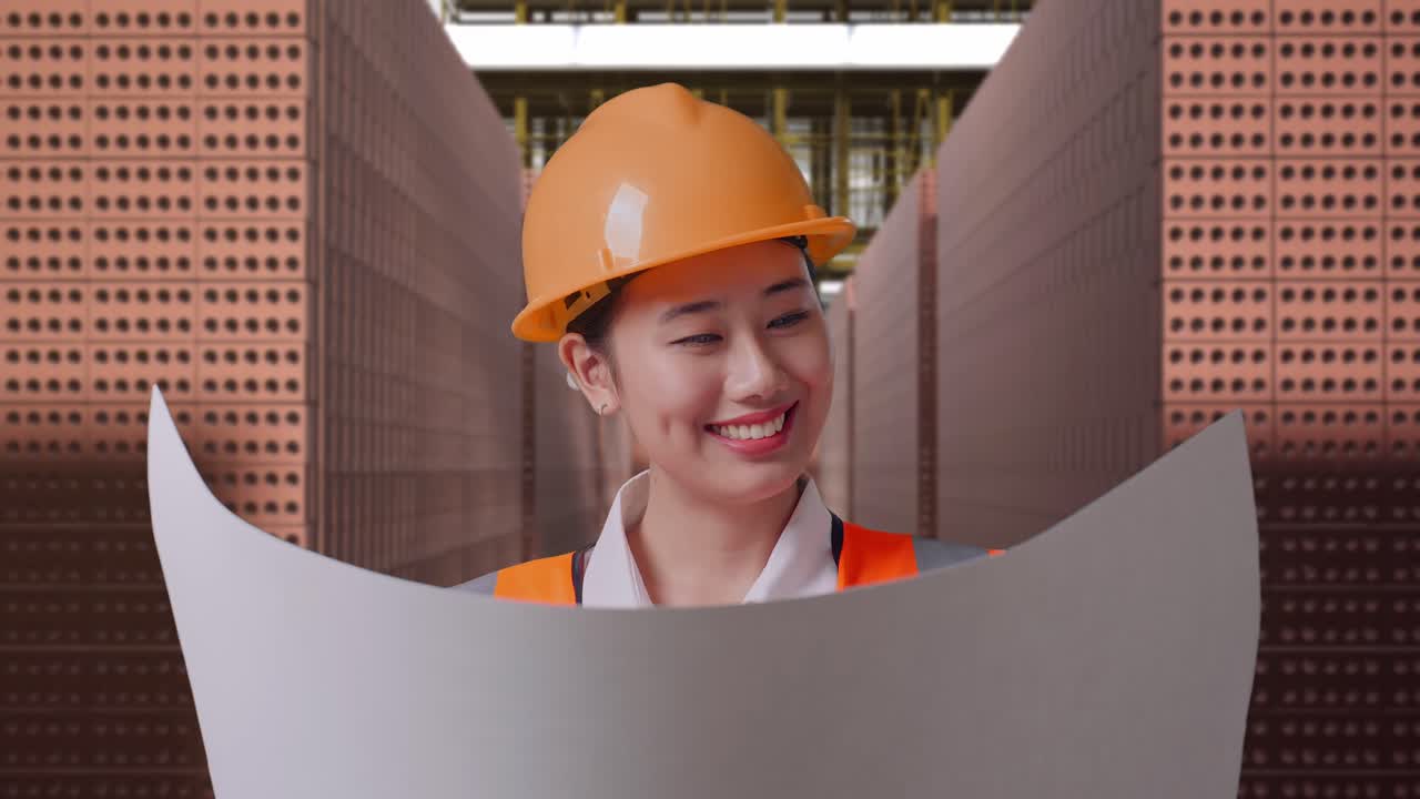 Close Up Of Asian Female Engineer With Safety Helmet Looking At Blueprint In Her Hands And Looking Around While Standing With Red Brick Packed in Stacks Are Stored