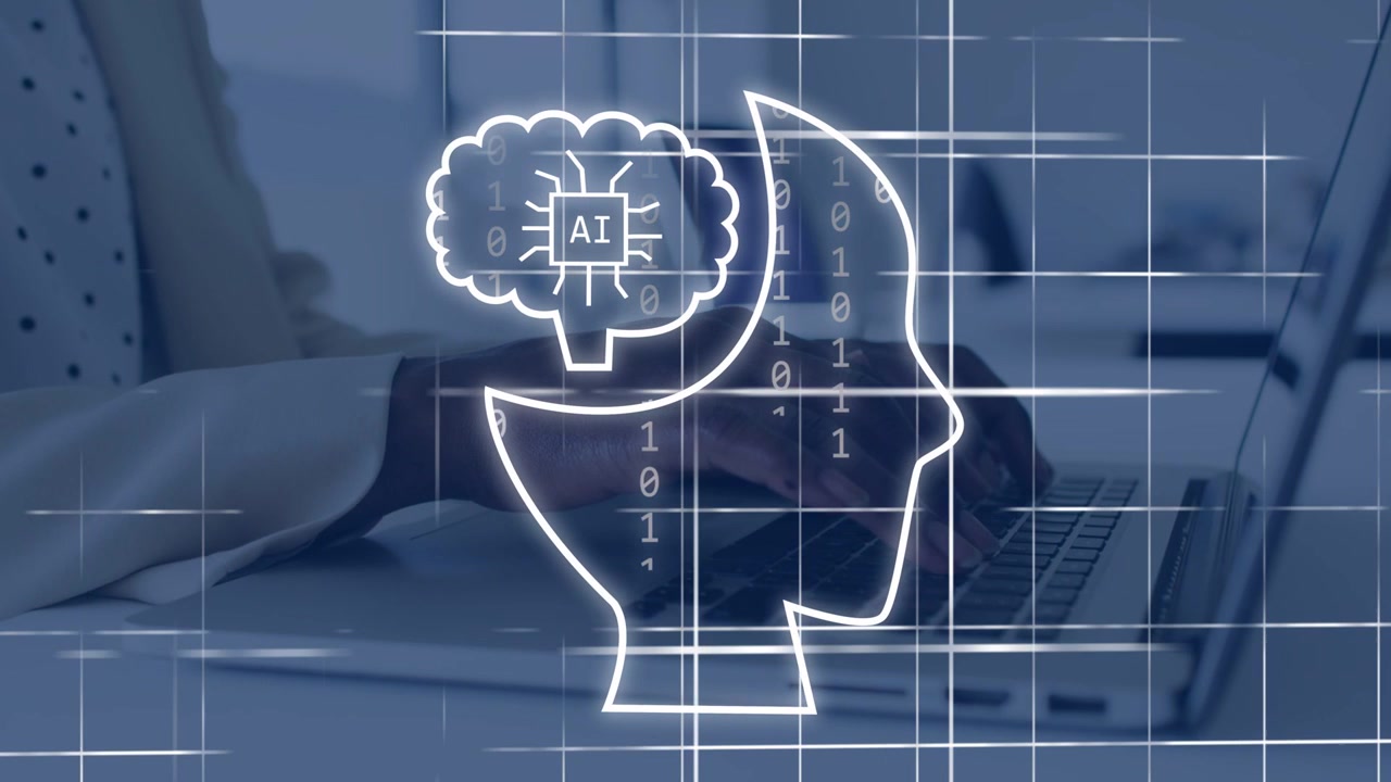 Woman typing on laptop initiating neon grid overlay line drawing head while plug placing AI brain