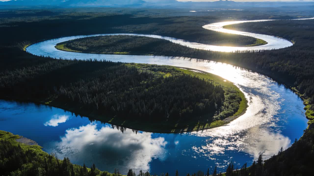 Fiume a meandro serpeggia tra i pini da una vista aerea; la telecamera si sposta a destra rivelando uno scintillio del sole.