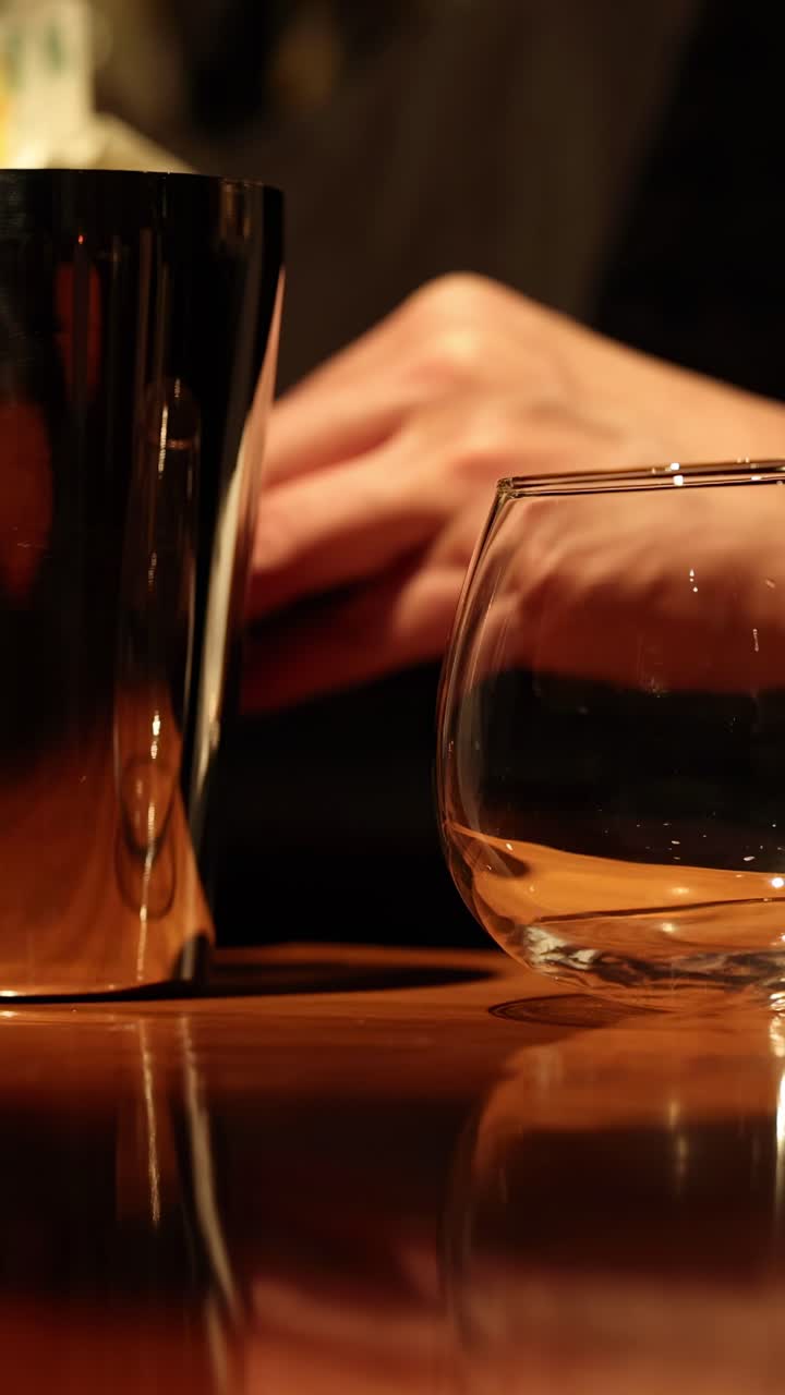 Sequenza di un barman che versa acqua in un bicchiere