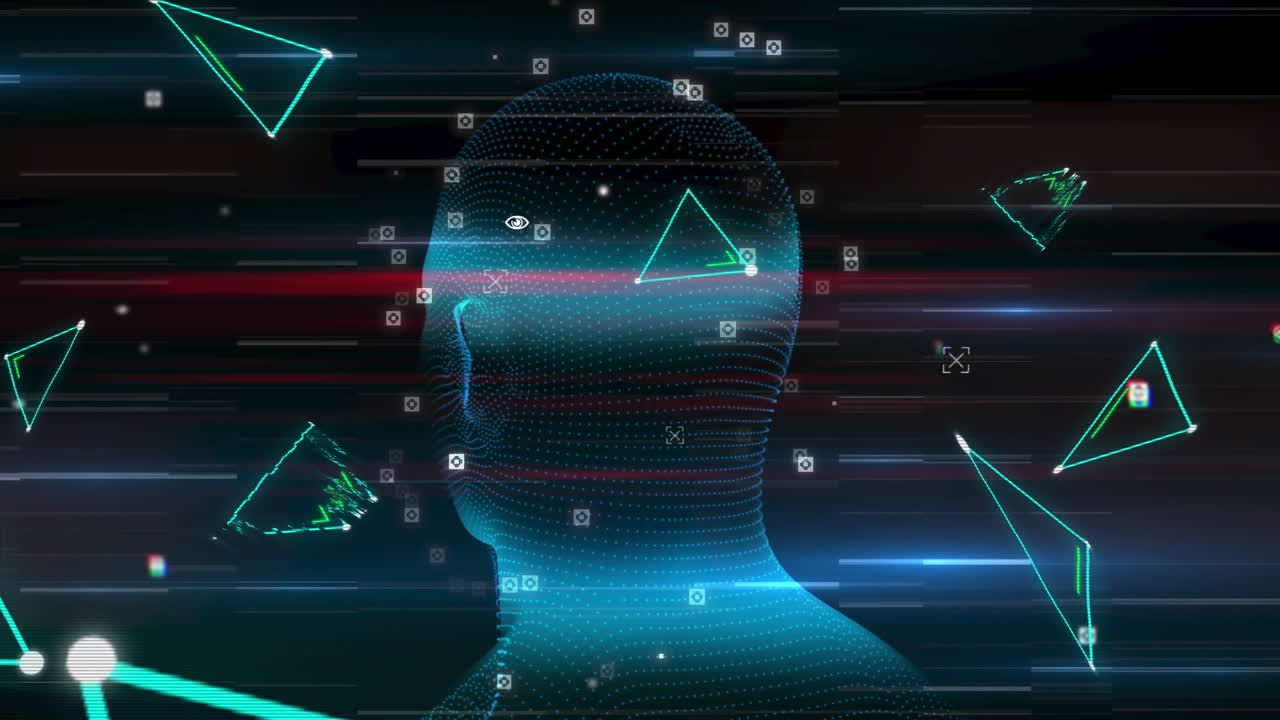 디지털 인터페이스 데이터 처리로 사람의 머리가 회전하는 애니메이션