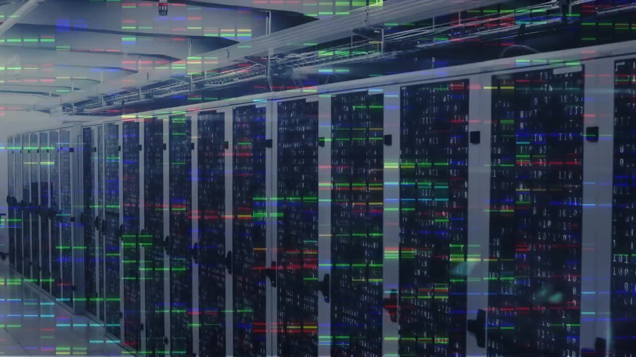 Animation of colorful mosaic squares against computer server room