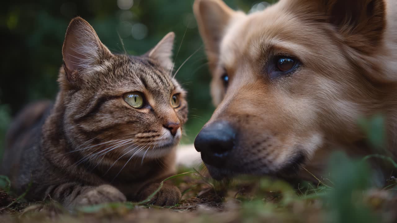 Un momento toccante tra un gatto giocherellone e un cane fedele, immortalato nella natura, in cui il loro stretto legame è rappresentato dalle loro espressioni dolci e dalla loro connessione.