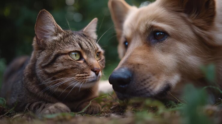 Um momento emocionante entre um gato brincalhão e um cachorro leal, capturado na natureza, com sua forte ligação demonstrada por meio de suas expressões gentis e conexão.