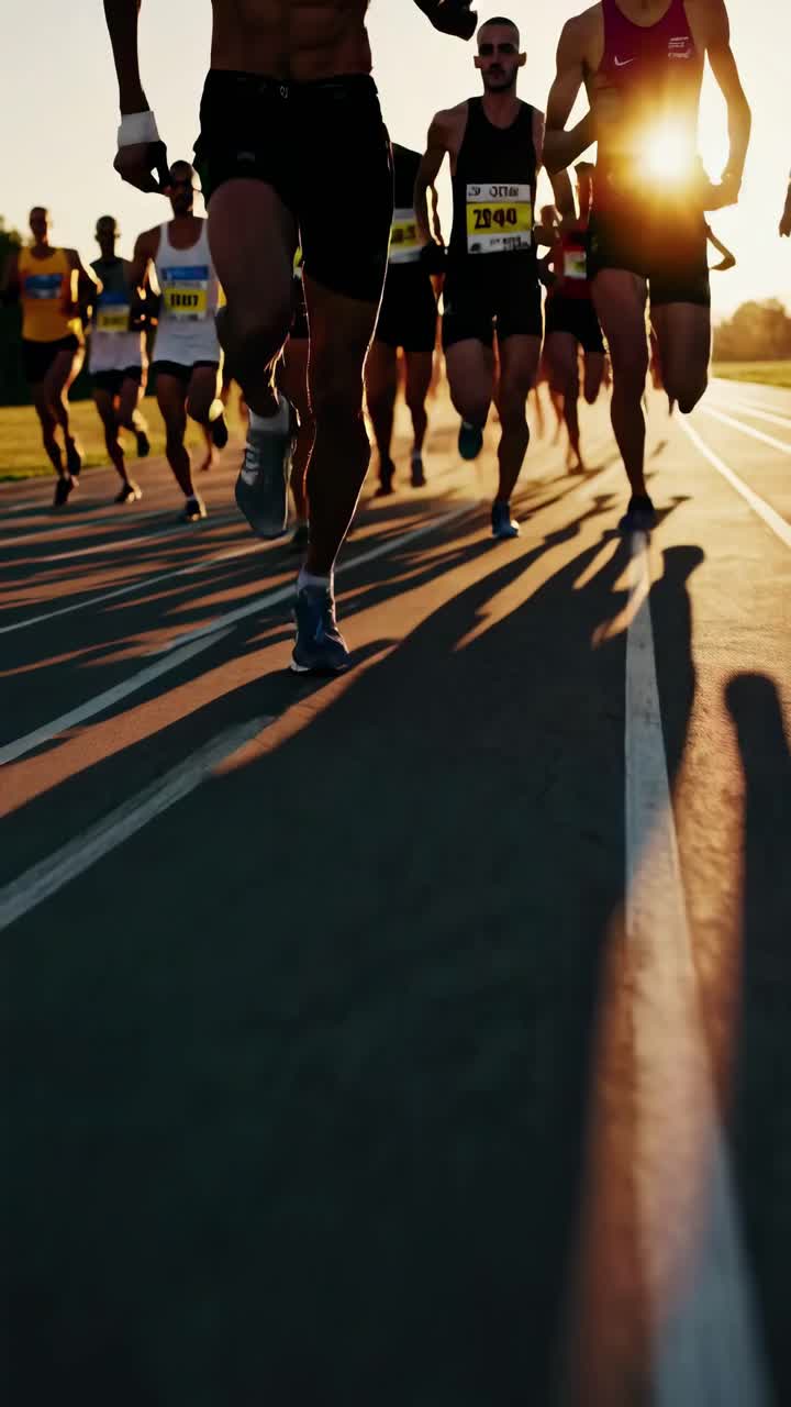 Dynamic low-angle video shot of runners casting long shadows on a track during sunset