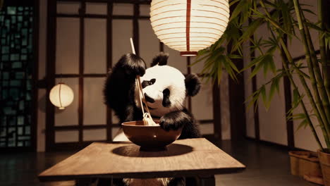 panda eating noodles in a traditional asian setting