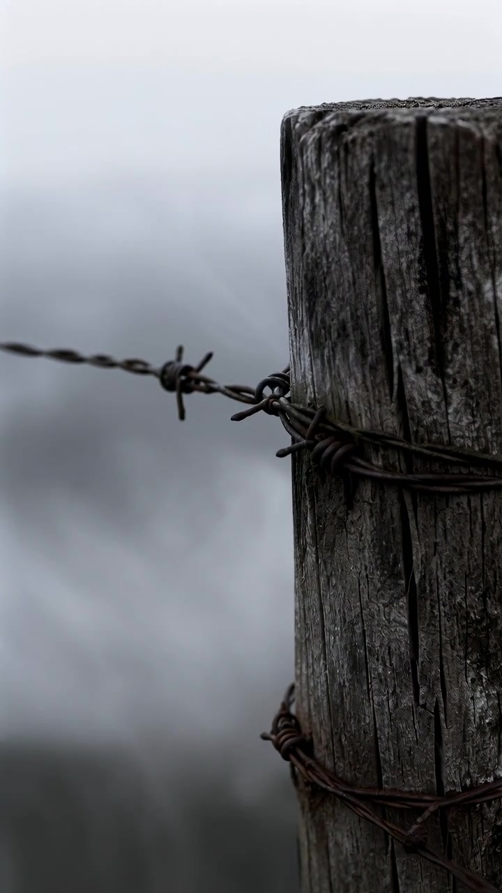 Primo piano di un palo di recinzione in legno stagionato strettamente avvolto con filo spinato arrugginito, che mostra venature screpolate, bordi scheggiati, cima ruvida, toni smorzati, luce soffusa e nuvolosa, confine rurale.