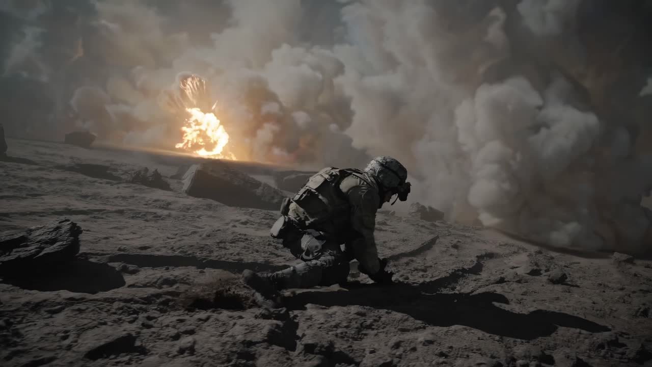 Soldier in Action During a War Zone Explosion
