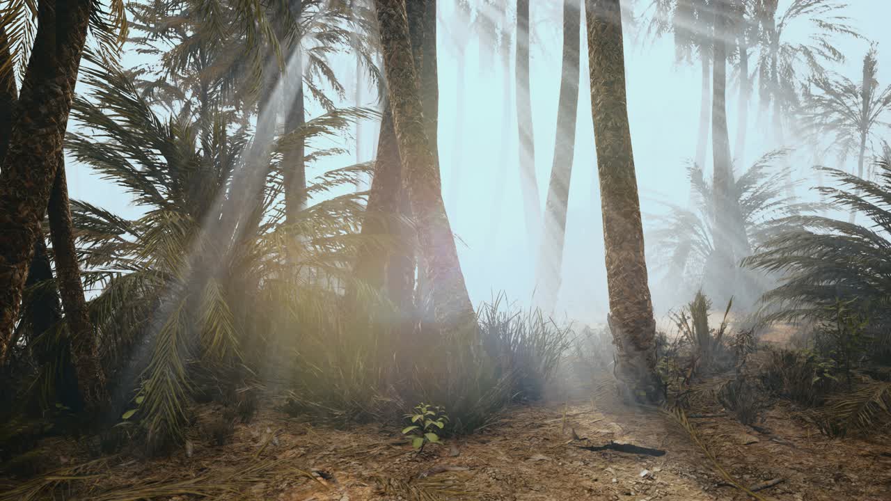 palmeras de coco en la profunda niebla de la mañana