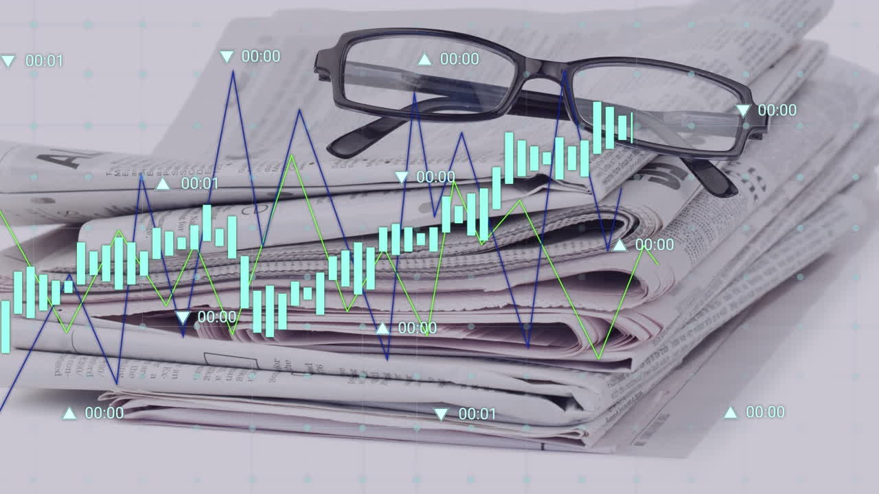 Animazione di più grafici e di una bacheca di trading sopra occhiali appoggiati su giornali, sullo sfondo.