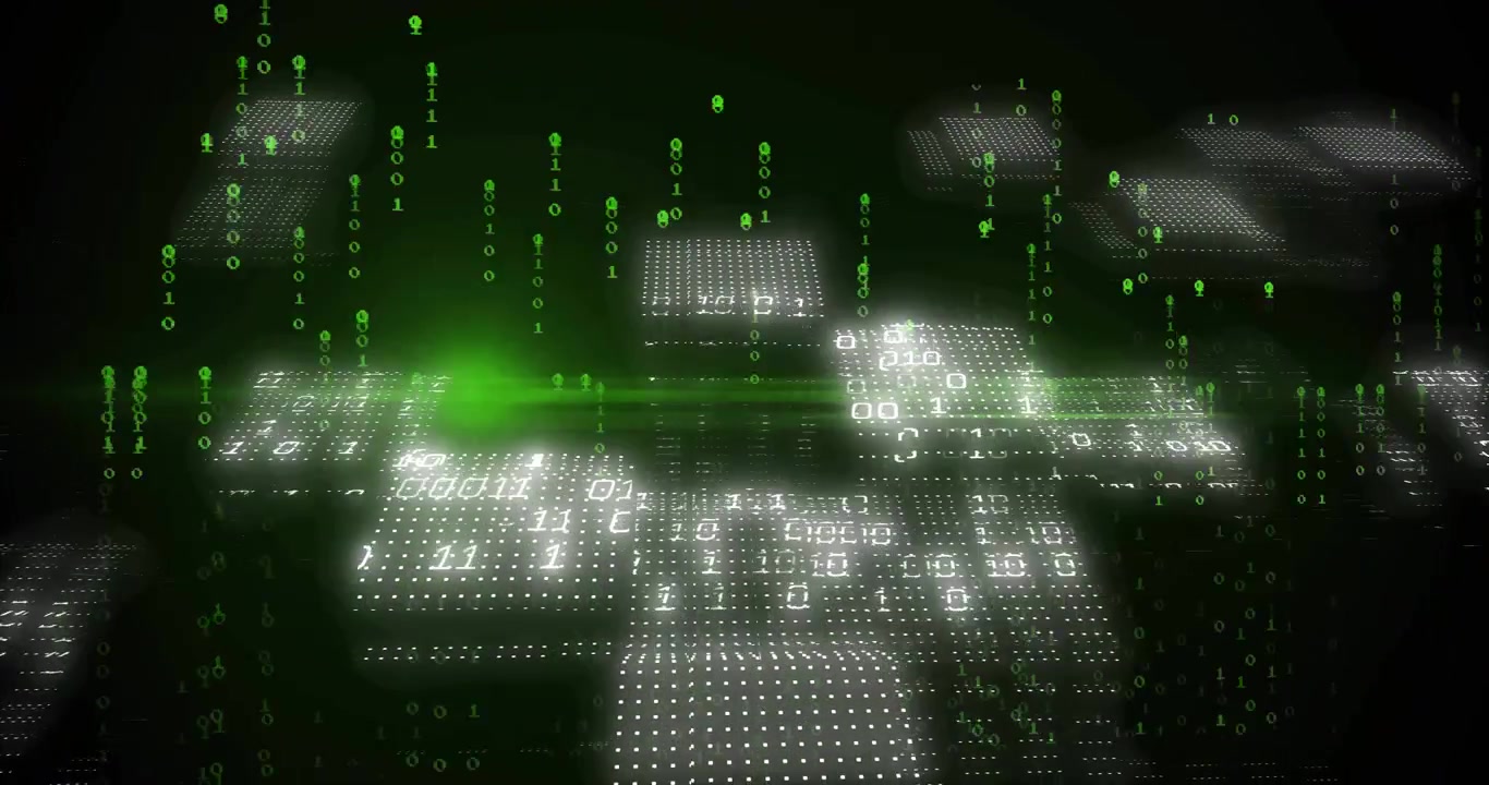 3D dark void starting floating platforms intensifying binary rain and sweeping beam scanning grid