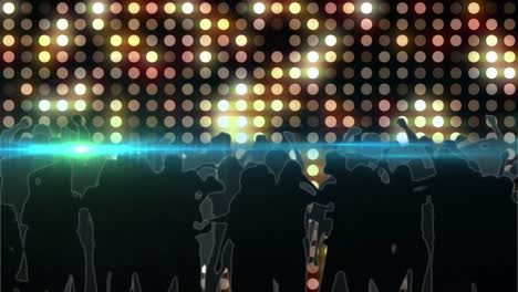 Animación-Digital-De-Un-Rastro-De-Luz-Sobre-La-Silueta-De-Personas-Bailando-Contra-Luces-Amarillas