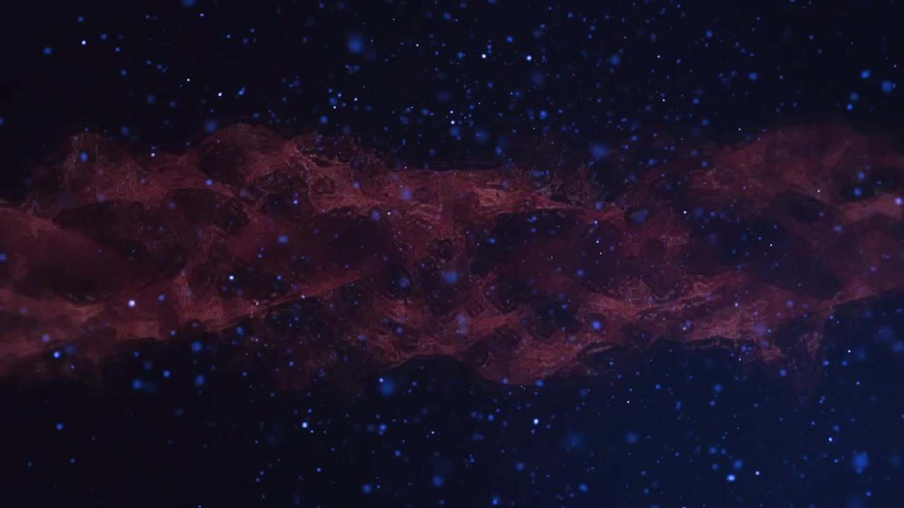 Banda de humo rojo entrando desde la izquierda, pulsando y desvaneciéndose mientras revela partículas azules en el espacio