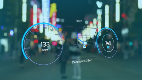 animación del procesamiento de datos del velocímetro de coches eléctricos sobre la ciudad