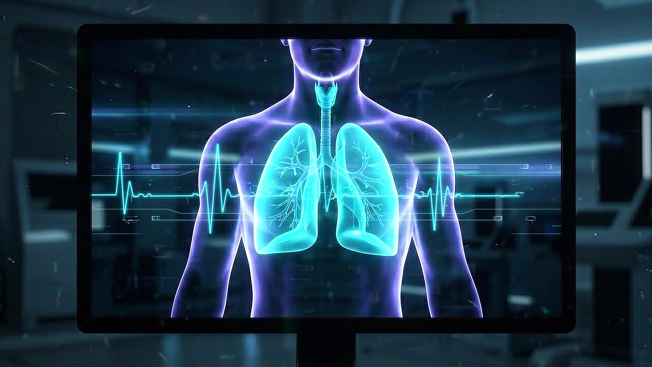 Torso umano frontale che mostra polmoni luminosi e vie respiratorie in vista medica