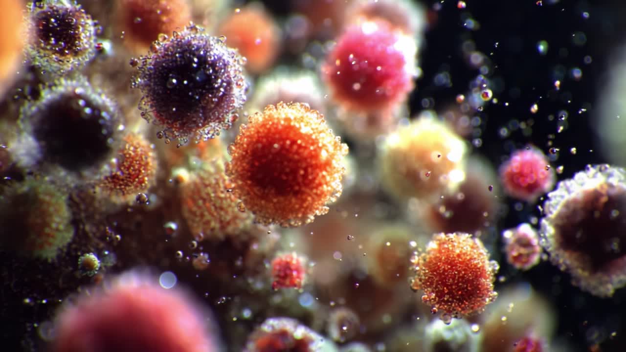 Esplorando il Microcosmo: Un viaggio visivo attraverso vibranti strutture microbiche catturate con dettagli sorprendenti e colori intensi su uno sfondo accattivante.