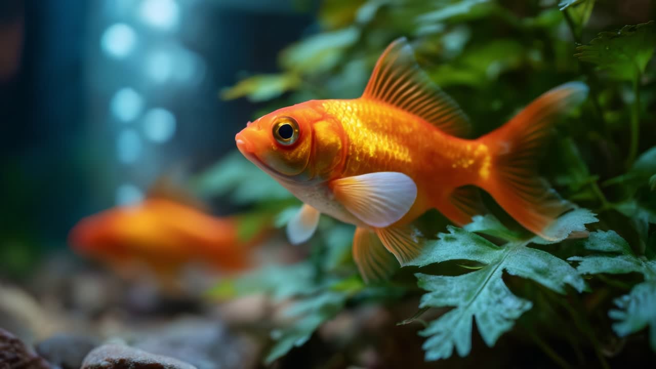 Peixe-dourado vibrante em um aquário exuberante, cercado por vegetação e serenidade, capturando a beleza e a tranquilidade de um habitat subaquático
