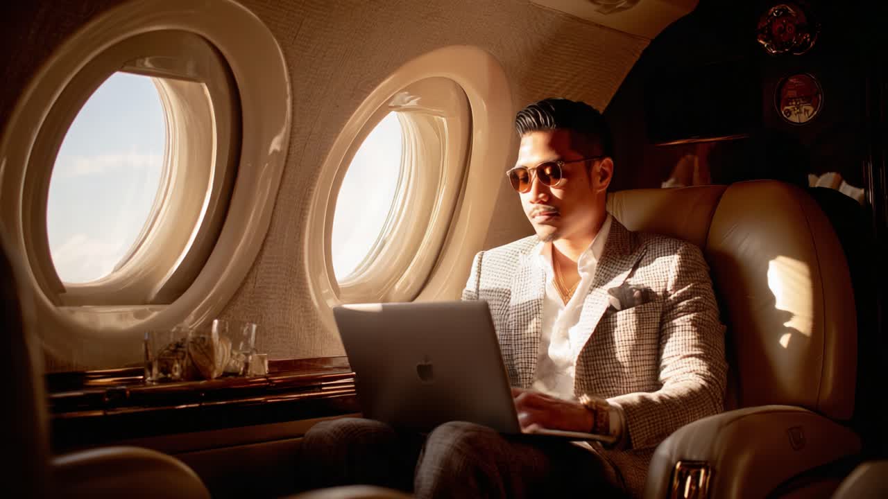 Un professionista elegante si gode un'esperienza di lusso su un jet privato mentre lavora al suo portatile, catturando sia l'eleganza che la concentrazione in mezzo al comfort dei viaggi moderni