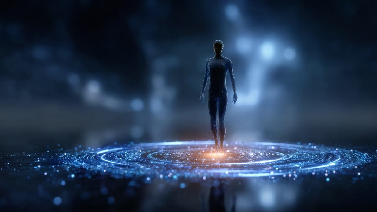 Una misteriosa figura eterea circondata da cerchi di energia luminosi in un ambiente cosmico, che esplora l'intersezione tra realtà e fantasia digitale.