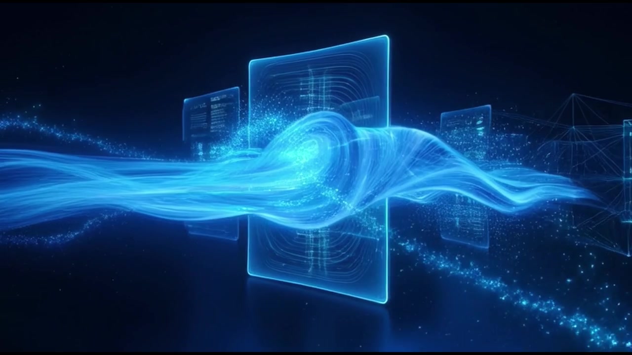 Abstract Blue Energy Wave Flowing Through Digital Data Interfaces