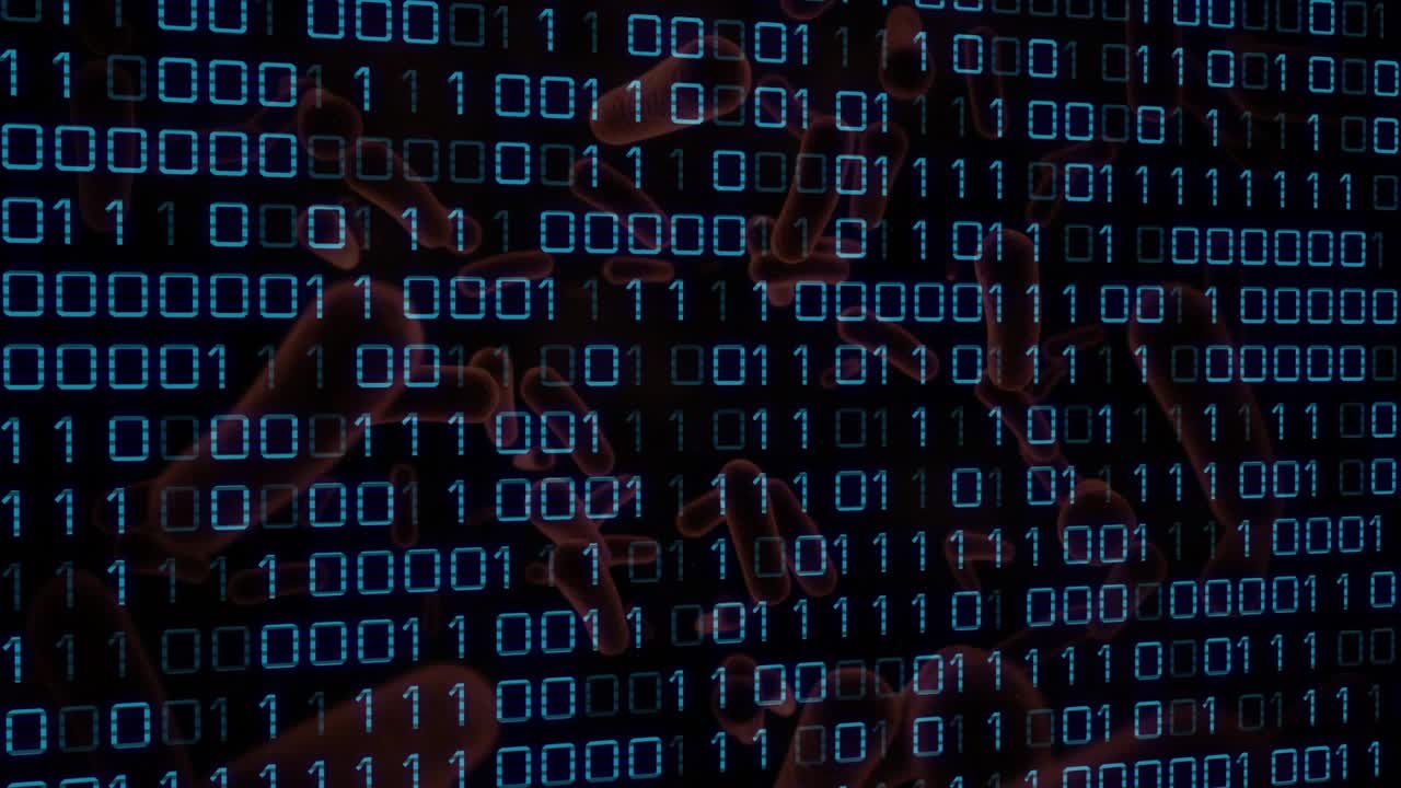 Faint hands entering behind glowing binary grid, pressing and sweeping digits showing code flow