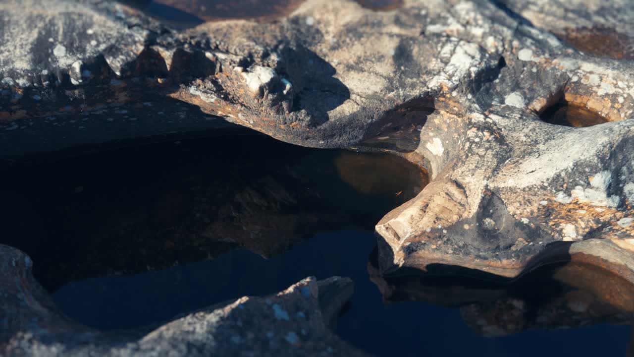 Un primer plano del lecho rocoso del río esculpido por los glaciares en movimiento.