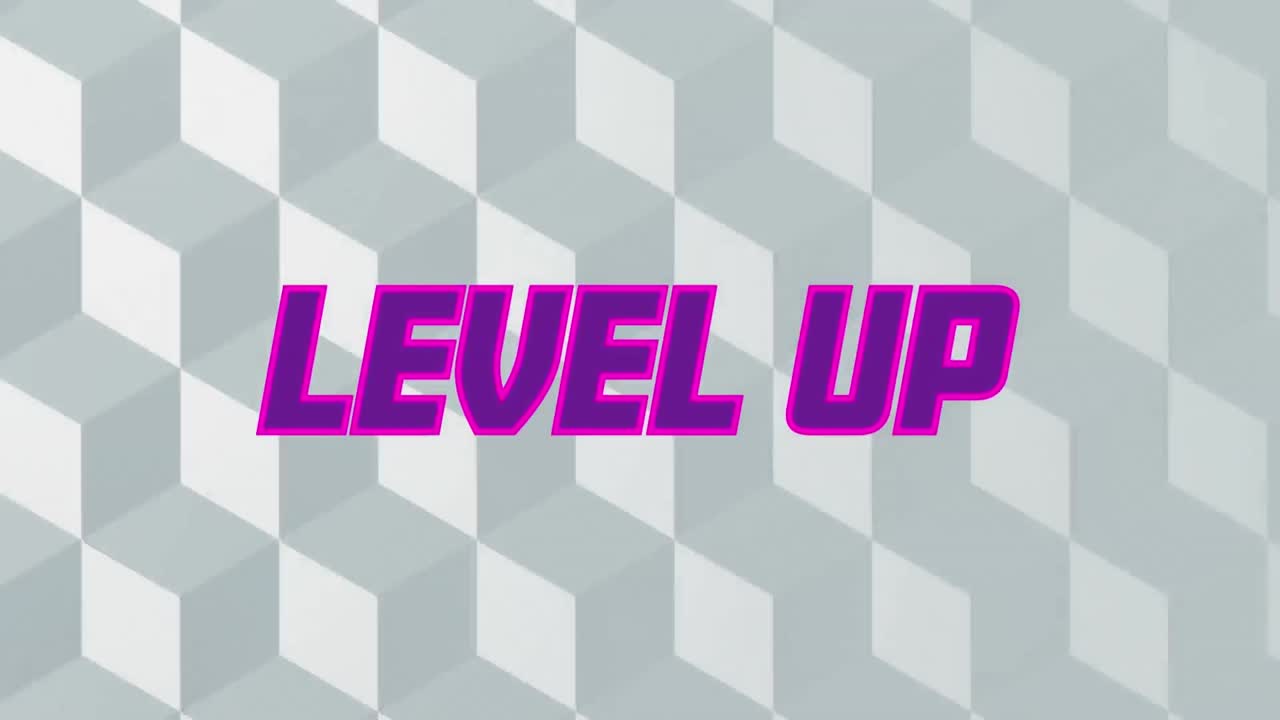 texto de nivel púrpura contra formas 3d abstractas en un patrón sin costuras sobre fondo gris