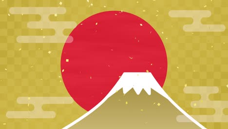 japanese pattern background of mt. fuji, first sunrise and confetti (seamless loop)