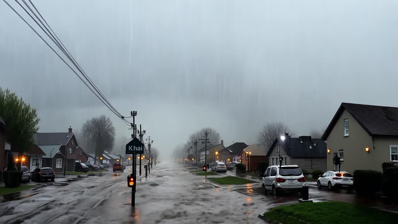 마을 에서 많은 비 가 내리고 있다
