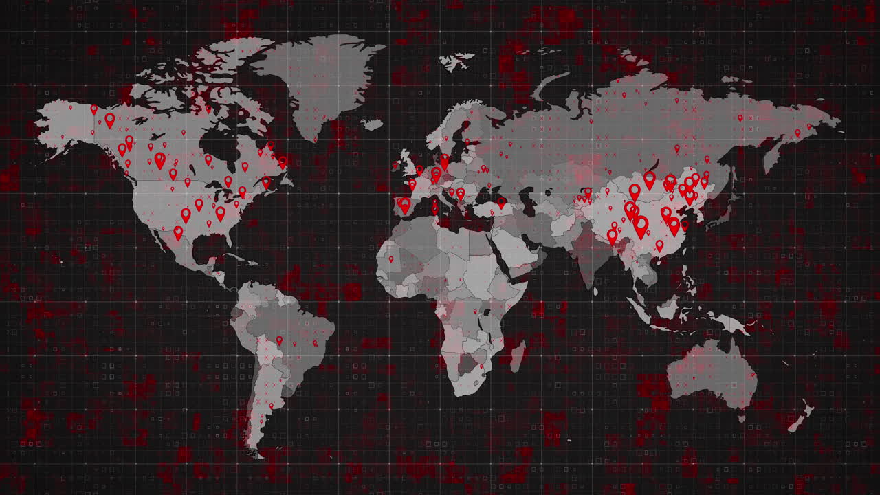 animación del mapa del mundo y los países se vuelven rojos a través de círculos en un fondo oscuro