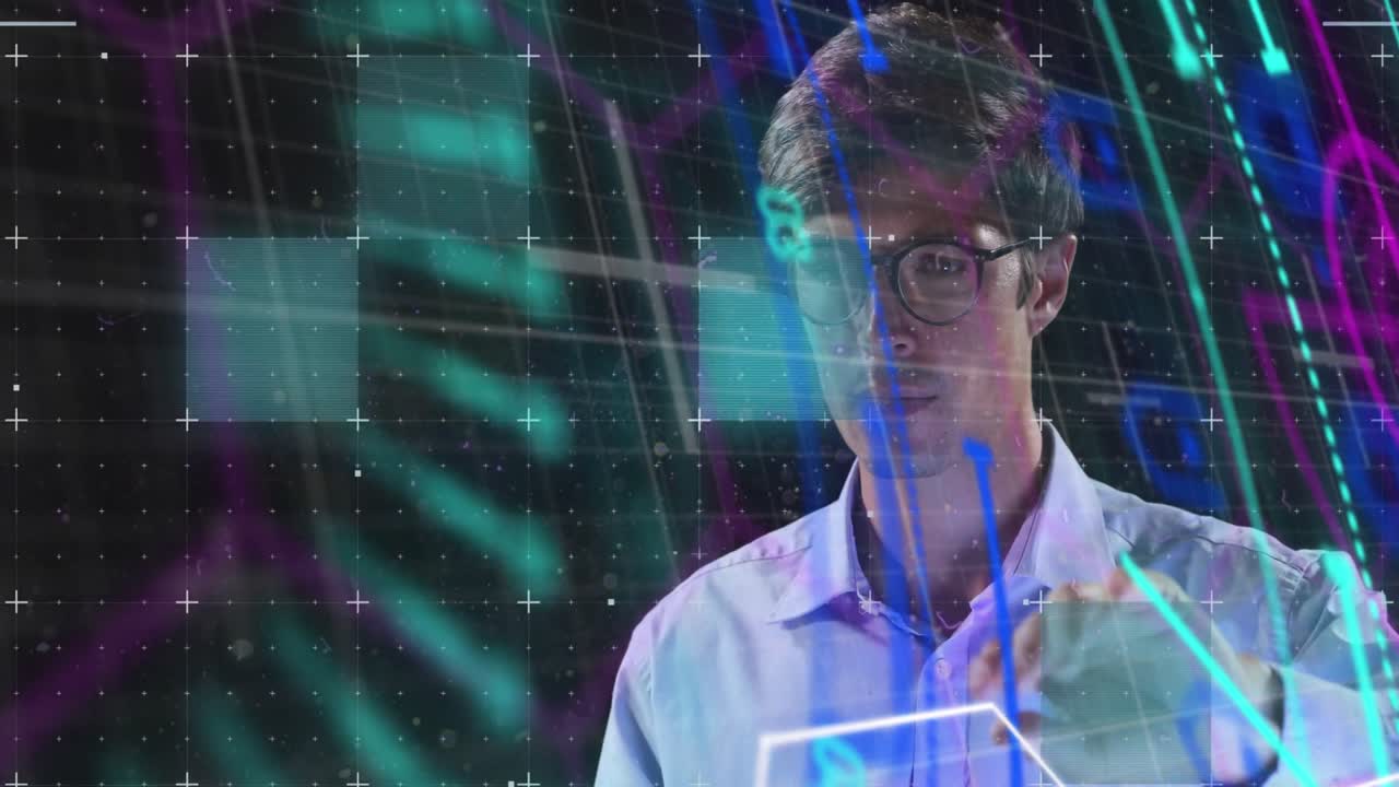 animación de formas de neón sobre el hombre caucásico usando pantalla táctil.