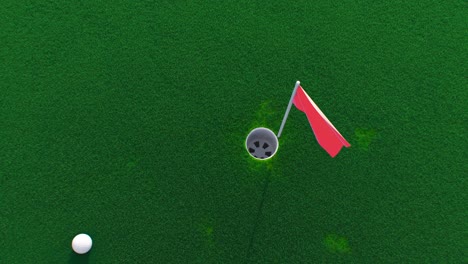 a golf ball rolls across the course into a hole top view