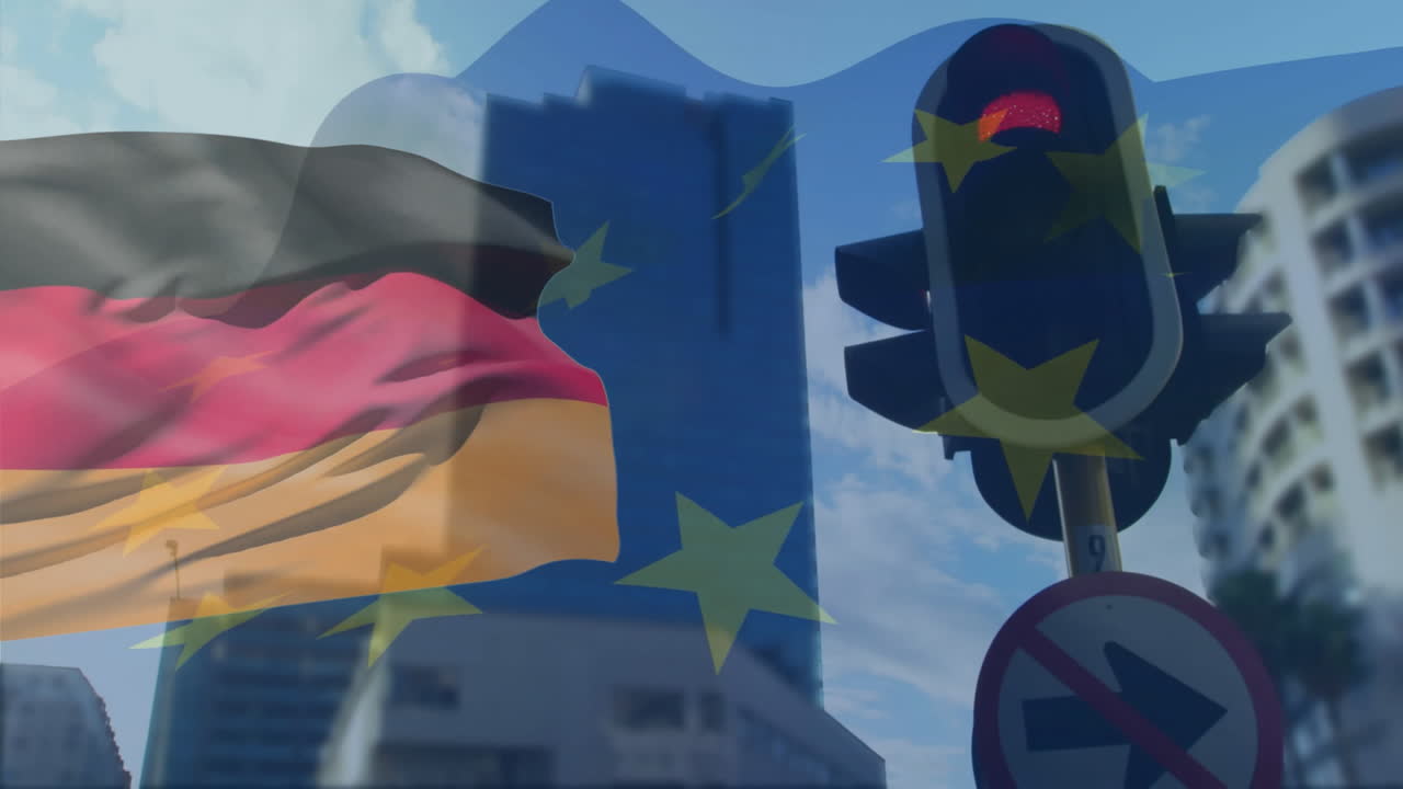 German and European Union flags animation over cityscape with traffic light