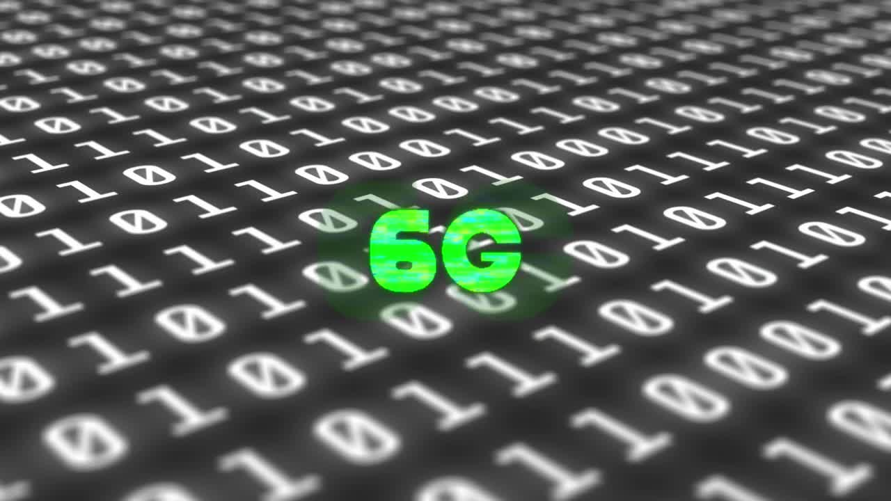 animación de texto de 6g en verde sobre codificación binaria