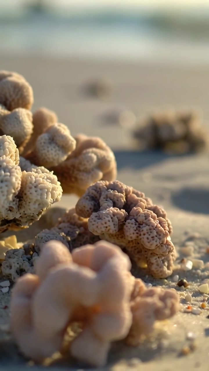 Vertical video: Panning camera starting right, showing porous coral on shell grit beach, widening