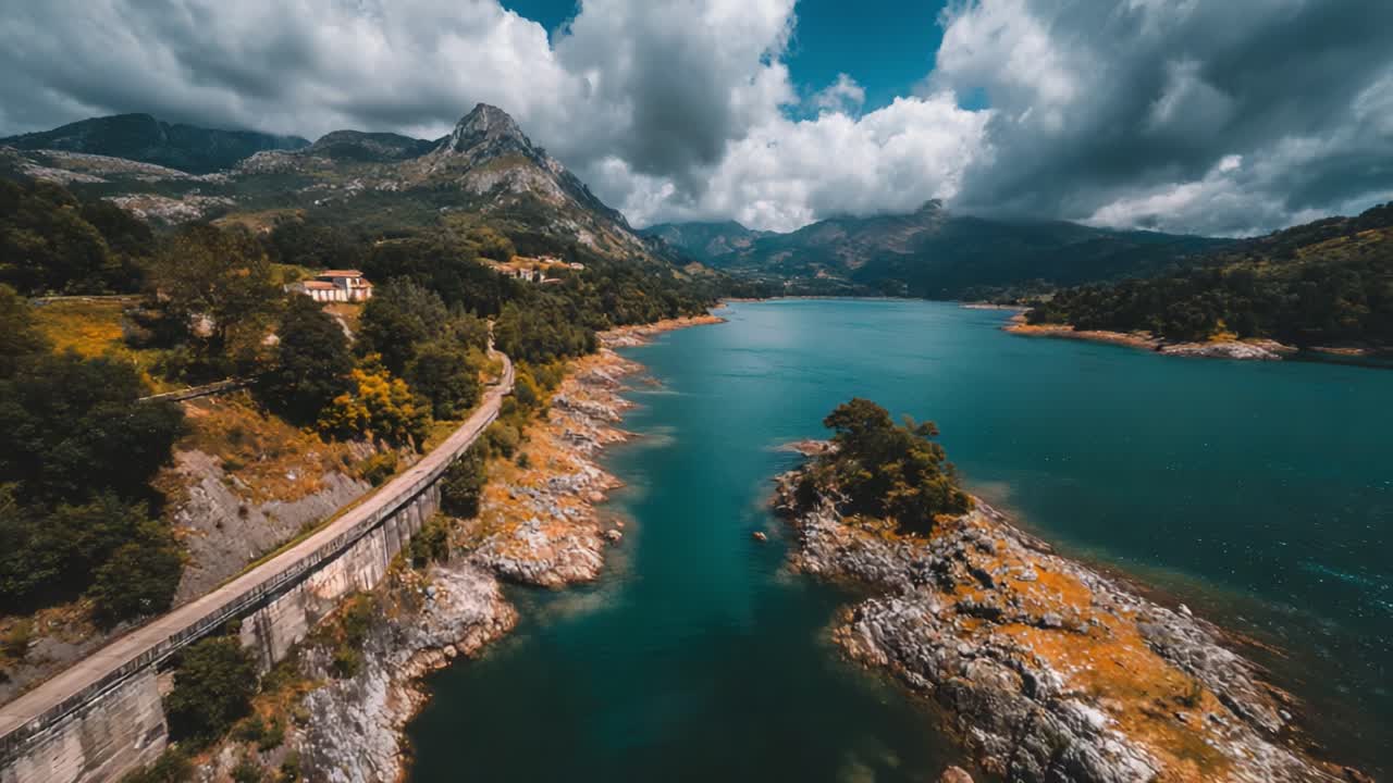 Breathtaking Aerial View of a Serene River and Scenic Landscape Surrounded by Majestic Mountains and Lush Greenery Under a Dramatic Sky