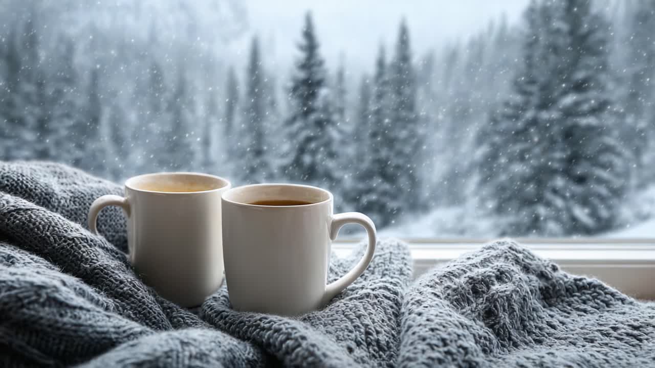 静寂な冬景色の中、柔らかいニットのブランケットに包まれた2つの温かいコーヒーカップ。雪をかぶった松の木々を背景に、暖かさと安らぎを感じさせる情景。